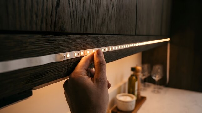 Close up of an installer hand attaching a flexible adhesive warm light LED strip under dark wooden kitchen cabinets for modern ambient illumination.