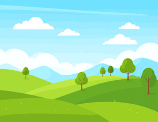 Obraz premium Soft green rolling hills landscape under a bright blue sky with white clouds. Flat vector nature background illustration.