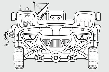 Obraz premium Abstract military armored vehicle. Outline sketch. SUV front view. Engineering battle war car in frontal perspective. Vecor illustration isolated on gray background