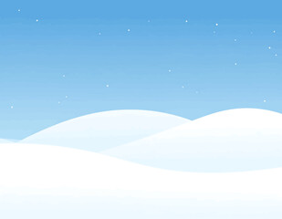 Fototapeta premium Minimalist illustration of a serene winter landscape with snow-covered rolling hills under a clear blue sky and falling snowflakes.