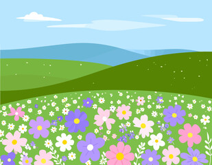 A cheerful cartoon illustration of a vibrant spring meadow filled with colorful flowers and rolling green hills under a bright blue sky. © Deva