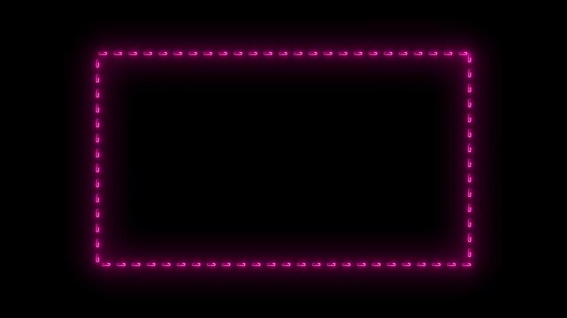 A glowing pink dashed rectangular frame shines against a deep black background. Vibrant Pink Rectangular Border Graphic. 4K