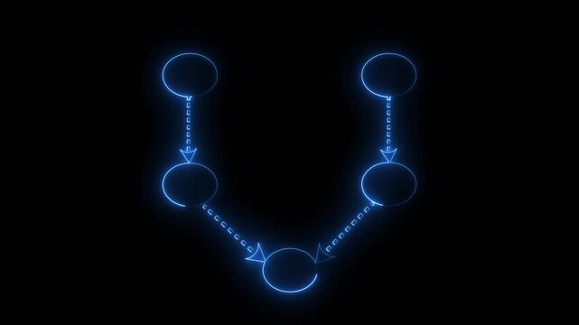 A glowing blue neon flowchart features circular nodes connected by dashed arrows in a descending hierarchical structure against a black background.