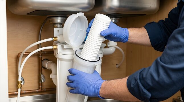 Close up of a technician hands wearing blue nitrile gloves installing a new white sediment filter cartridge into a water purification system under the sink.