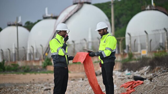 Engineers wearing safety gear, including hard hats examining survey a large blueprint tablet standing industrial facility gas or oil refinery engaged in a job requires high safety standards concept.	