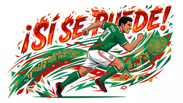 Dynamic Mexican soccer player running with national flag colors and patriotic chant illustration