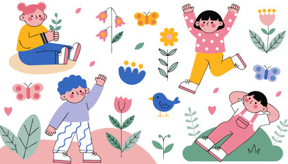 Naklejka premium Group of happy kids jumping and waving in floral meadow with birds and butterflies around.