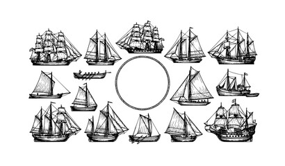 Hand Drawn Sailing Ship and Boat Vector Pack with Vintage Maritime Sketch Illustrations © Shaon
