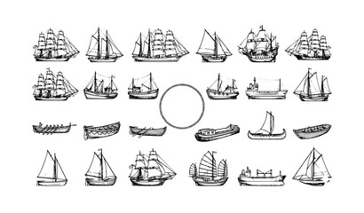 Vintage Maritime Vessel Collection with Sailing Ships and Boats Hand Drawn Vector Sketches © Shaon