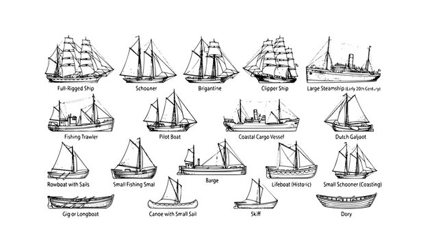 Vintage Ship and Boat Sketch Collection Hand Drawn Maritime Transportation Vector Set