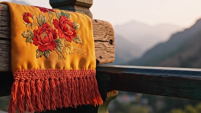 Yellow silk scarf with floral embroidery hanging on wooden railing in mountain landscape