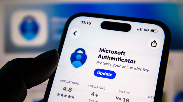 Closeup of a smartphone screen displaying the microsoft authenticator app store page with an update button visible