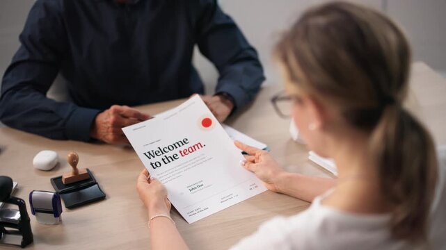 New Female Employee Happily Receiving Onboarding Documents From Her Manager