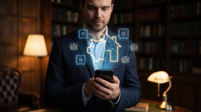 Financial Planning, Smart Investing, and Home Loan Concept: Floating Holographic Transforming Piggy Bank and House Shape with Coin Stacks and Safe Vault Graphics above Blurred Smartphone