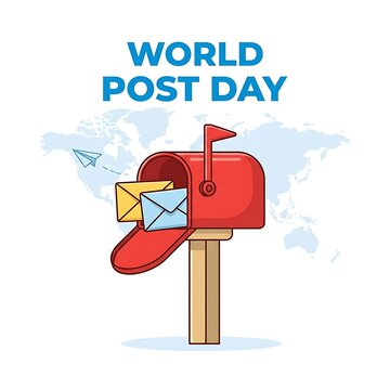 World Post Day celebration with red mailbox and letters on global map background
