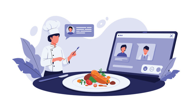 Professional chef in uniform uses a digital tablet to stream a live cooking lesson or demonstration of a gourmet meal to students.