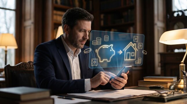 Financial Planning, Smart Investing, and Home Loan Concept: Floating Holographic Transforming Piggy Bank and House Shape with Coin Stacks and Safe Vault Graphics above Blurred Smartphone