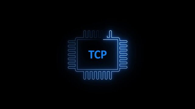 A futuristic 4K motion graphic animation featuring a neon blue glowing CPU microchip icon with "TCP" text on a black background.