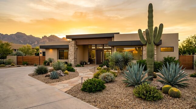 Modern luxury desert house with saguaro cactus at sunset in arizona. arizona front yard