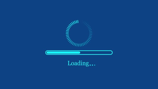 A clean 4K motion graphic animation featuring a cyan loading progress bar and a spinning circular indicator with "Loading..." text on a solid blue background.