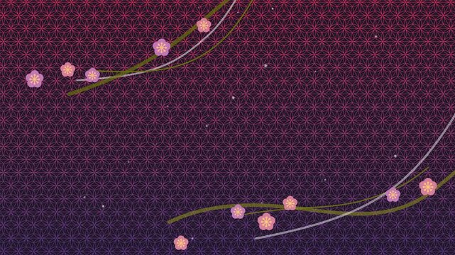 梅の花が舞う和風モダンの背景ループ｜Elegant Japanese style 4K loop background with floating plum blossoms and sparkling particles moving from right to left over a traditional Asanoha pattern.
