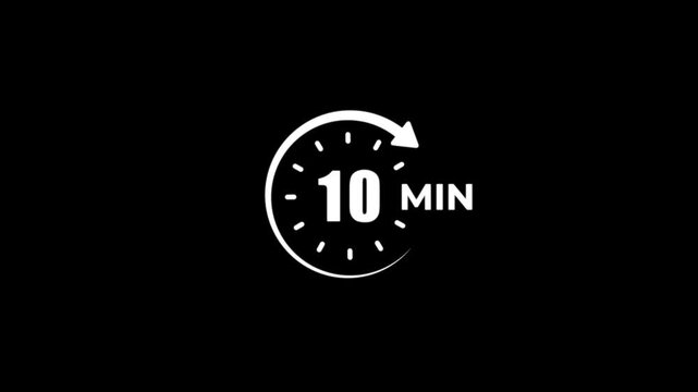 Timer 10 minutes clock symbol white animation minimalist on a black background.