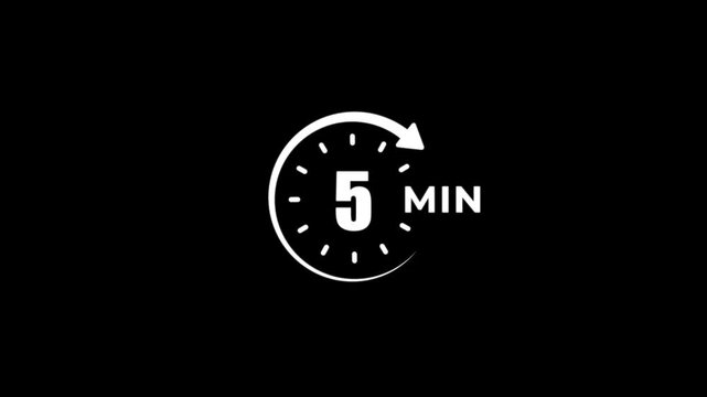 Timer 5 minutes countdown clock animation on a black background.