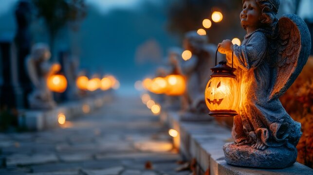 Stone Angel Statues Lined Along a Graveyard Path with Lanterns Glowing