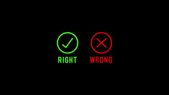 Green RIGHT checkmark and red WRONG cross symbols on a dark grid background right wrong.