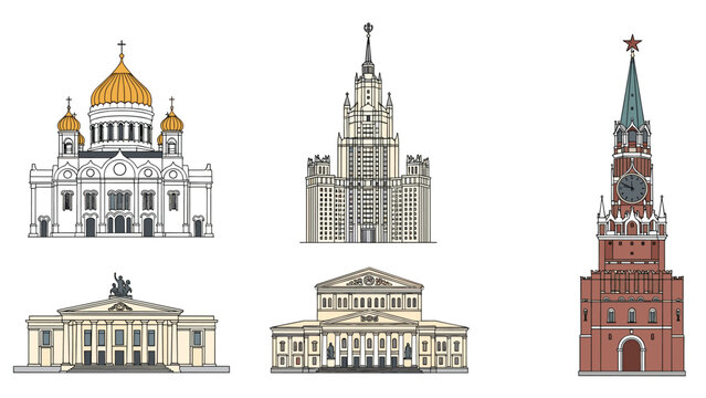 Set of detailed architectural illustrations depicting five iconic landmarks of Moscow Russia including the Kremlin and Bolshoi Theatre.