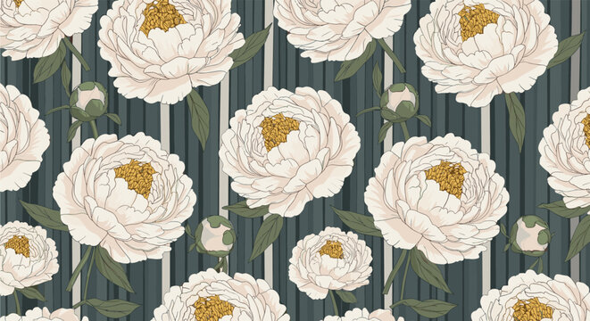 Elegant seamless pattern of large white peonies and green leaves over a dark forest green vertical striped background wallpaper.