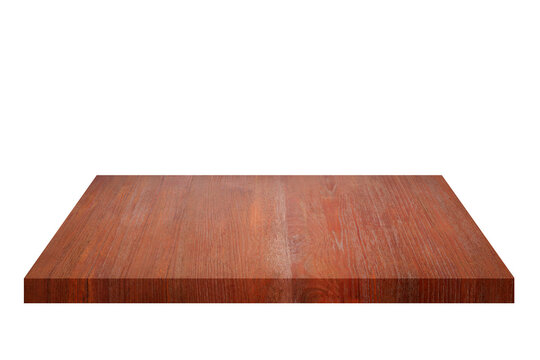 Empty wooden table top isolated on white background for product display.