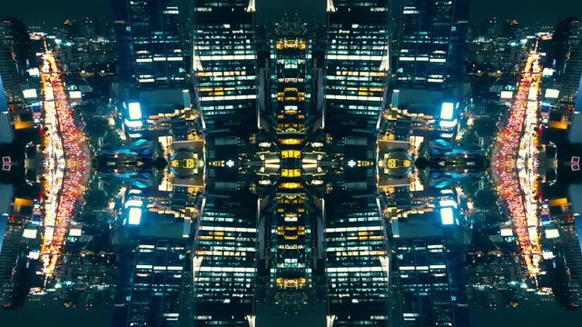 mirrored fractal cityscape skyline with symmetrical skyscraper geometry, abstract urban city architecture pattern with futuristic kaleidoscope reflection effect, technology background 4k
