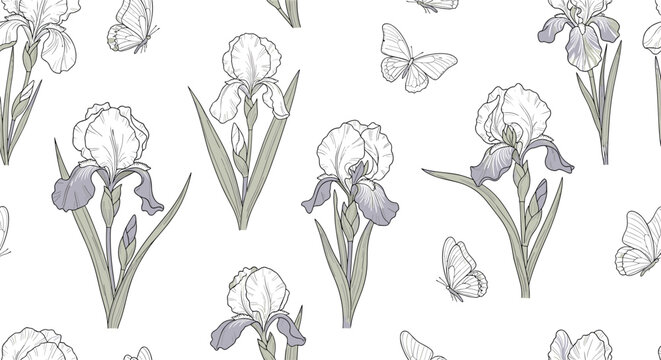 Seamless floral pattern featuring elegant iris flowers and flying butterflies in a soft purple and green color palette.