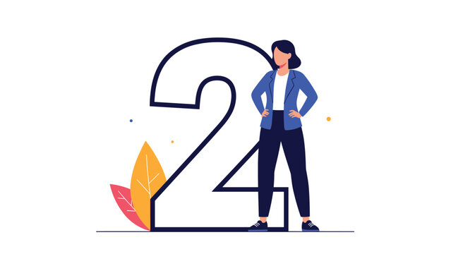Confident businesswoman standing proudly next to a large number two symbol representing ranking or second step.