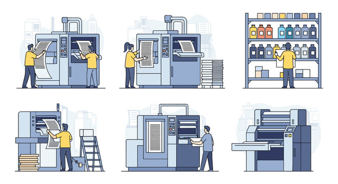 Set of flat vector illustrations depicting industrial printing press machines and workers in a modern print shop.