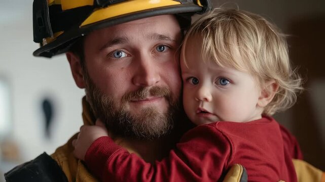 Caring firefighter holding toddler child close showing protective loving bond between father and kid in home environment with serious tender expression and gentle eye contact