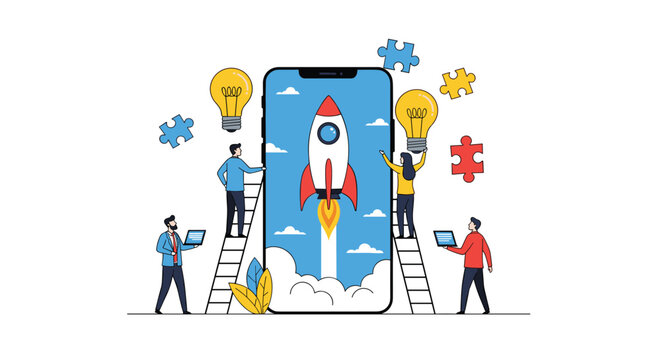 Innovative business startup concept shows team members launching a rocket from a smartphone screen to represent growth.