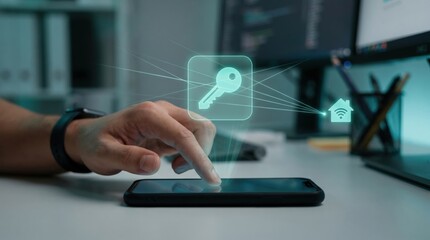 Fototapeta premium Smart Home Automation, Digital Security Access, and IoT Mobile Control Concept: Floating Teal Holographic Digital Key and Miniature Smart House Emblem above Blurred Hand Tapping Smartphone Screen