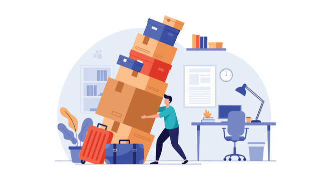 Humorous office illustration shows a worker struggling to maintain balance while carrying an enormous stack of boxes.