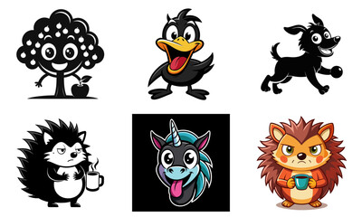 Fototapeta premium Set of six cute cartoon characters including a tree, duck, dog, hedgehog, and unicorn