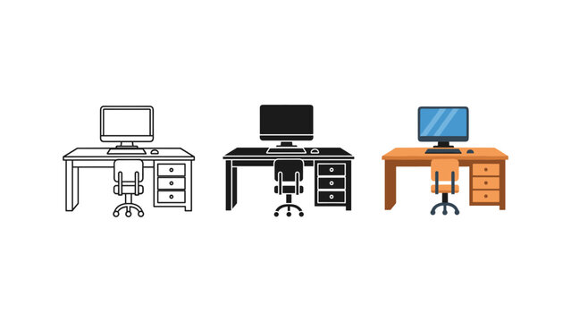 Computer workstation desk icon set with computer workstation furniture business illustration workspace