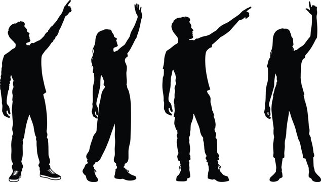 Black silhouettes of young people pointing up and waving hands isolated on white background