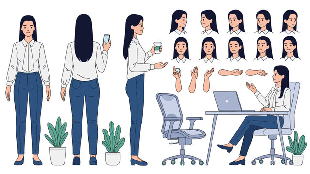 Professional female character design sheet featuring diverse facial expressions and office related poses like working on a laptop computer.