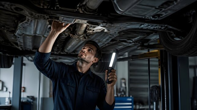 Professional mechanic inspecting car chassis with flashlight in garage