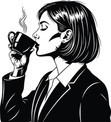 Black and white line art vector illustration of a professional corporate businesswoman drinking a hot cup of coffee during her office break.Black and white line art vector illustration  © Adib