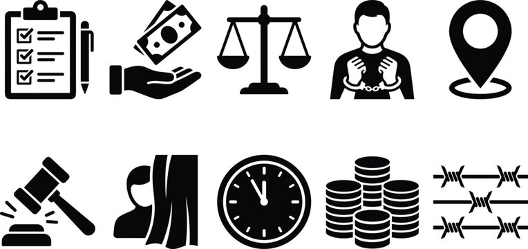 Crime and justice system icons showing handcuffs bribe money prison bars and court hearing clock countdown.