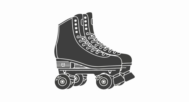 A graphic illustration of a black roller skate with four wheels and white laces