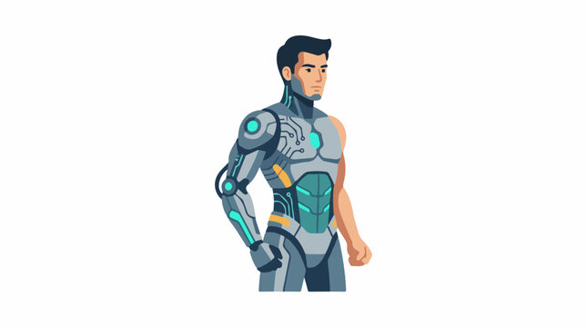 A futuristic man wearing a robotic exosuit with glowing blue accents