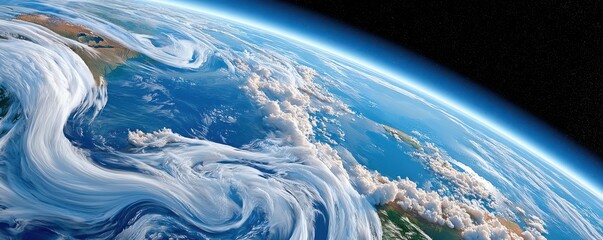 Fototapeta premium High-angle wide render of Earth showing cloud formations, atmosphere glow and ocean curvature from space